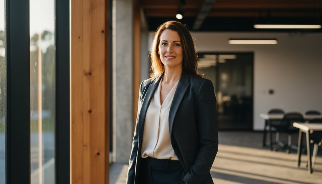 Dynamic, cinematic portrait showcasing a confident business professional in Mount Helen, Victoria, against a subtly blurred backdrop of the Federation University Australia campus, capturing impactful corporate headshots Mount Helen Victoria with professional lighting and colour grading.