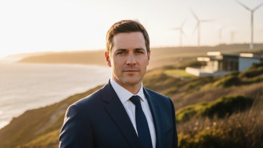 Dynamic, color-graded photograph capturing a confident Wonthaggi business professional during impactful corporate headshots Wonthaggi Victoria, bathed in dramatic natural light near the historic Wonthaggi State Coal Mine, exuding professionalism and local pride.