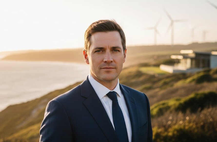Dynamic, color-graded photograph capturing a confident Wonthaggi business professional during impactful corporate headshots Wonthaggi Victoria, bathed in dramatic natural light near the historic Wonthaggi State Coal Mine, exuding professionalism and local pride.