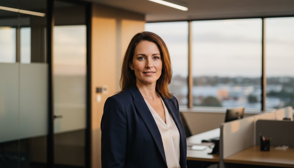 A striking, professionally lit portrait capturing the essence of a confident business leader, set against a modern architectural backdrop in Drumcondra, Victoria, showcasing impactful corporate imagery Drumcondra Victoria with a dramatic, cinematic feel.