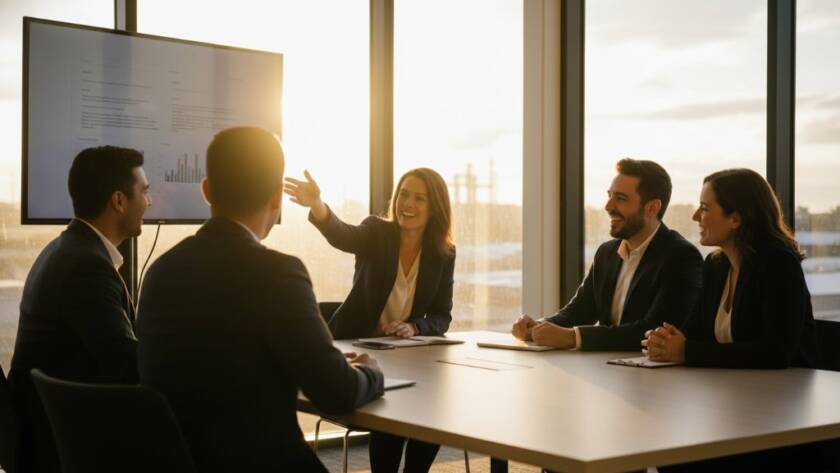 Dramatic shot of a diverse business team in Clayton South Victoria, collaborating dynamically in a modern office space, showcasing impactful corporate photography with natural light and a sense of shared success.