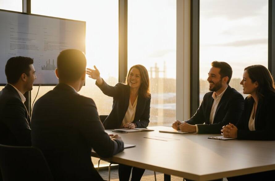 Dramatic shot of a diverse business team in Clayton South Victoria, collaborating dynamically in a modern office space, showcasing impactful corporate photography with natural light and a sense of shared success.