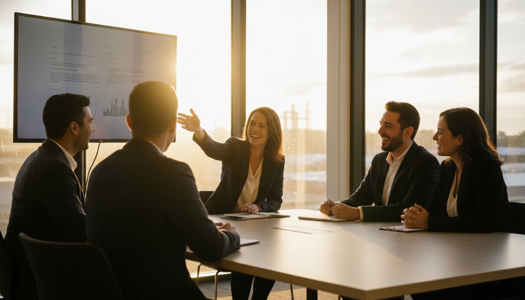 Dramatic shot of a diverse business team in Clayton South Victoria, collaborating dynamically in a modern office space, showcasing impactful corporate photography with natural light and a sense of shared success.