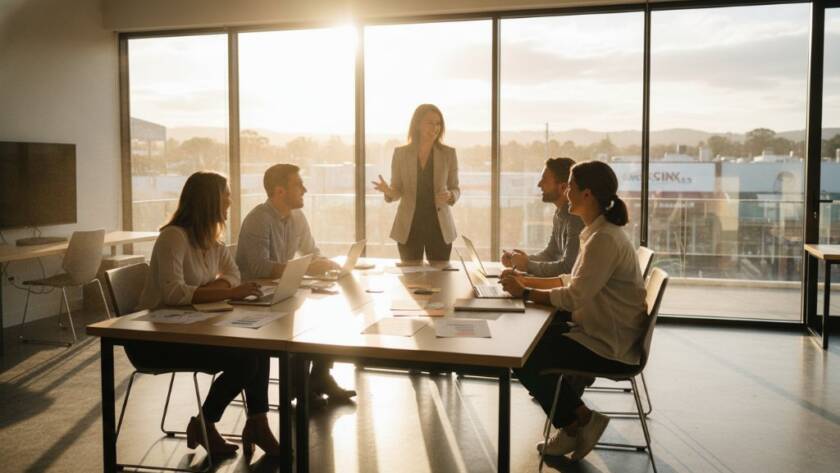 A wide, dynamic shot of a diverse business team in a modern, light-filled office space in Croydon, Victoria, collaborating and smiling, with the city's green hills visible in the background through large windows, showcasing impactful corporate photography Croydon businesses in a professional, cinematic style with dramatic lighting.