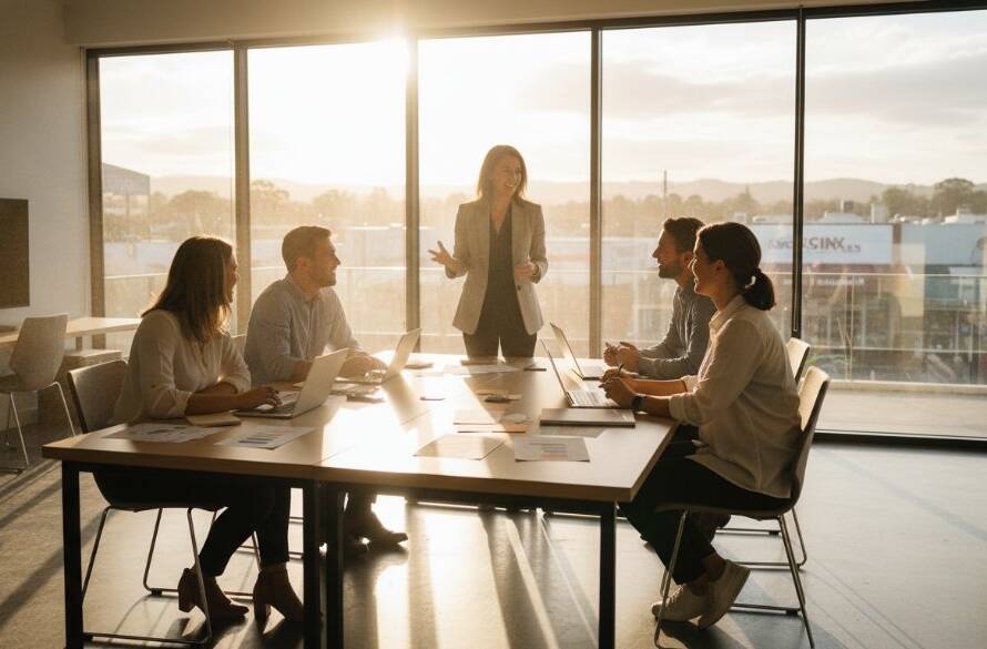 A wide, dynamic shot of a diverse business team in a modern, light-filled office space in Croydon, Victoria, collaborating and smiling, with the city's green hills visible in the background through large windows, showcasing impactful corporate photography Croydon businesses in a professional, cinematic style with dramatic lighting.