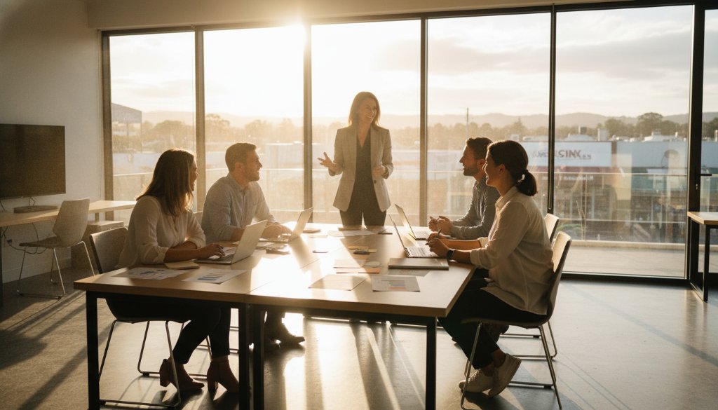 A wide, dynamic shot of a diverse business team in a modern, light-filled office space in Croydon, Victoria, collaborating and smiling, with the city's green hills visible in the background through large windows, showcasing impactful corporate photography Croydon businesses in a professional, cinematic style with dramatic lighting.
