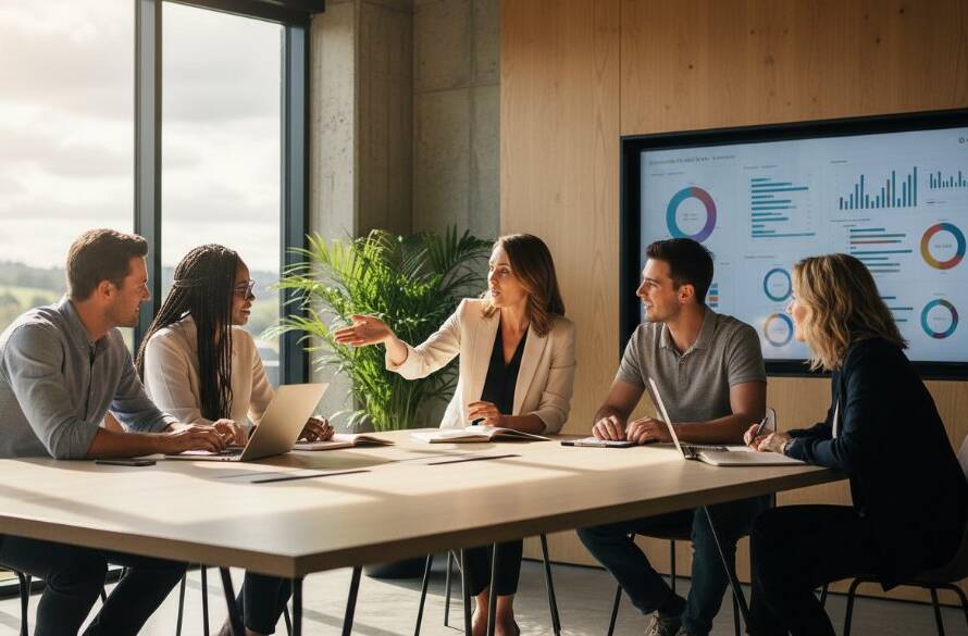 A powerful, cinematic shot of a diverse business team collaborating on a project in a modern, sunlit Exford office, showcasing impactful corporate photography Exford business storytelling, with dramatic backlighting and a sense of shared vision.