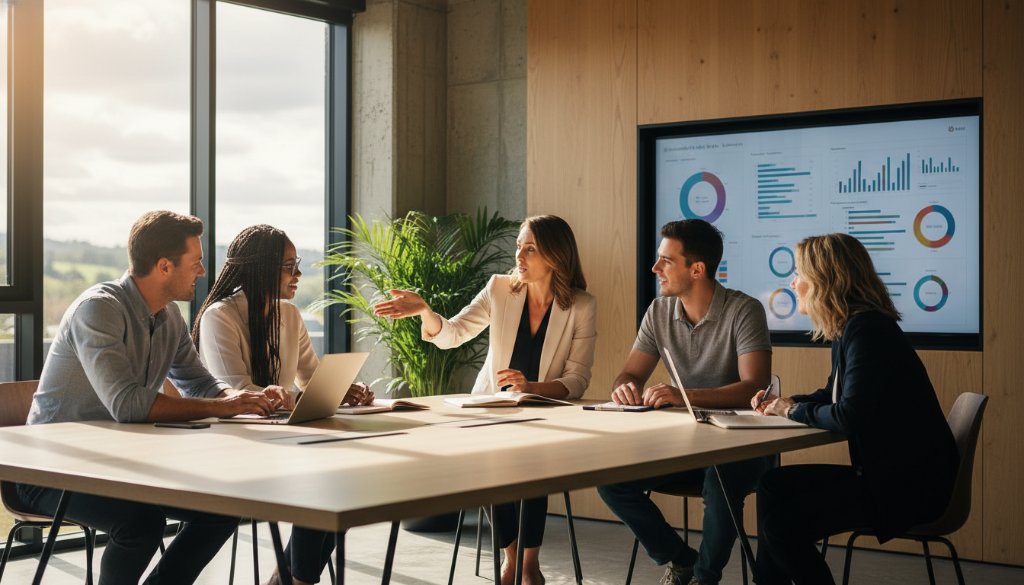 A powerful, cinematic shot of a diverse business team collaborating on a project in a modern, sunlit Exford office, showcasing impactful corporate photography Exford business storytelling, with dramatic backlighting and a sense of shared vision.