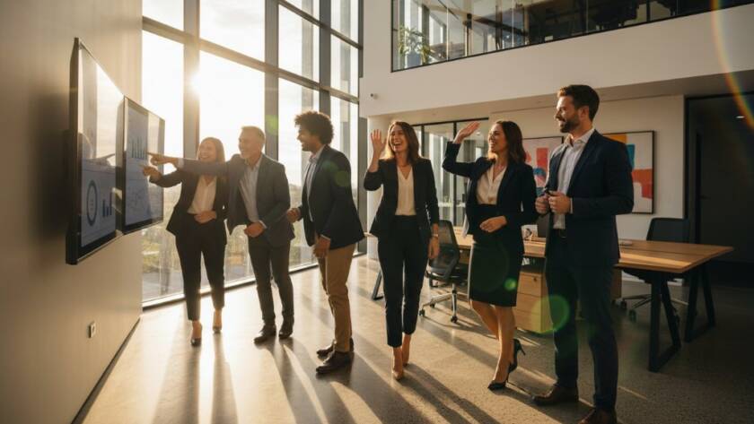 An impactful corporate photography Hallam businesses portfolio shot, capturing a diverse team of professionals collaborating dynamically in a modern, naturally lit office space with a strong sense of purpose and achievement.