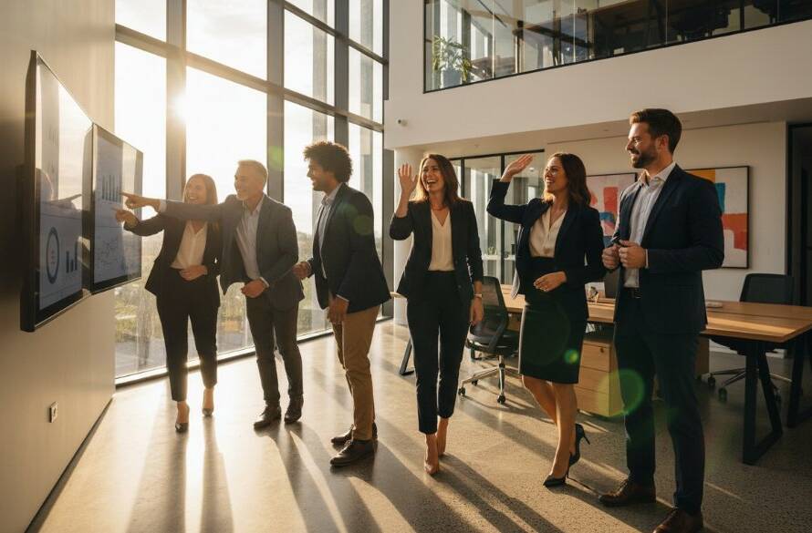 An impactful corporate photography Hallam businesses portfolio shot, capturing a diverse team of professionals collaborating dynamically in a modern, naturally lit office space with a strong sense of purpose and achievement.