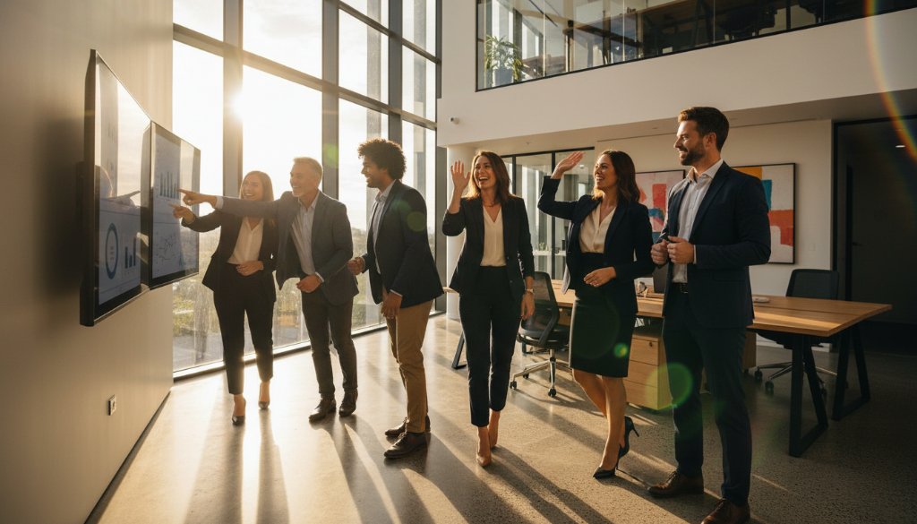 An impactful corporate photography Hallam businesses portfolio shot, capturing a diverse team of professionals collaborating dynamically in a modern, naturally lit office space with a strong sense of purpose and achievement.