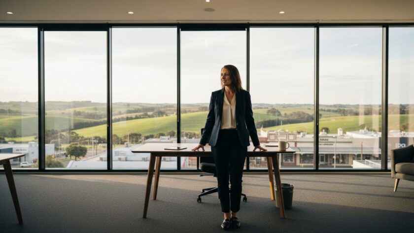 A dynamic, wide-angle, cinematic photograph capturing a business professional mid-presentation at a modern Korumburra co-working space, radiating confidence and expertise. The dramatic lighting highlights the subject against a subtly blurred backdrop of historic Korumburra architecture, emphasizing Impactful Corporate Photography Korumburra Victoria.