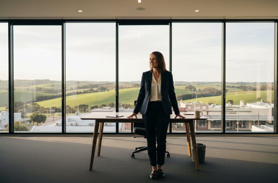 A dynamic, wide-angle, cinematic photograph capturing a business professional mid-presentation at a modern Korumburra co-working space, radiating confidence and expertise. The dramatic lighting highlights the subject against a subtly blurred backdrop of historic Korumburra architecture, emphasizing Impactful Corporate Photography Korumburra Victoria.