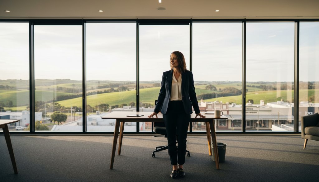 A dynamic, wide-angle, cinematic photograph capturing a business professional mid-presentation at a modern Korumburra co-working space, radiating confidence and expertise. The dramatic lighting highlights the subject against a subtly blurred backdrop of historic Korumburra architecture, emphasizing Impactful Corporate Photography Korumburra Victoria.