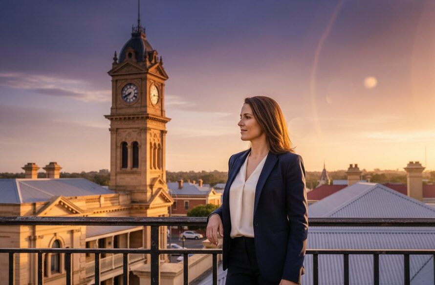 An inspiring and impactful corporate photography Maryborough Victoria image, showing a confident business professional overlooking Maryborough's historic Post Office, bathed in dramatic golden hour light, symbolizing success and local connection.