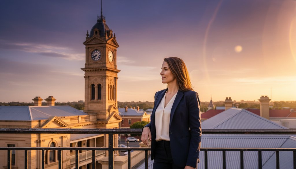 An inspiring and impactful corporate photography Maryborough Victoria image, showing a confident business professional overlooking Maryborough's historic Post Office, bathed in dramatic golden hour light, symbolizing success and local connection.