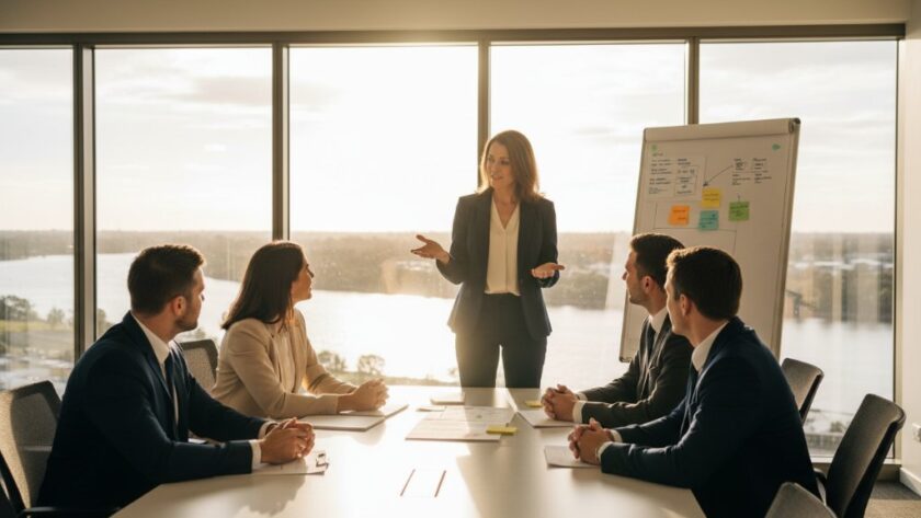 An impactful corporate photography Moama Victoria moment: a diverse team of professionals in sleek business attire smiling confidently during a collaborative meeting in a modern, sunlit Moama conference room overlooking the Murray River, captured with dramatic, professional lighting.