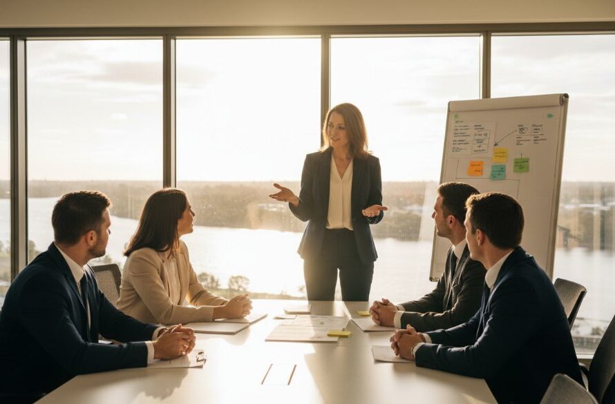 An impactful corporate photography Moama Victoria moment: a diverse team of professionals in sleek business attire smiling confidently during a collaborative meeting in a modern, sunlit Moama conference room overlooking the Murray River, captured with dramatic, professional lighting.