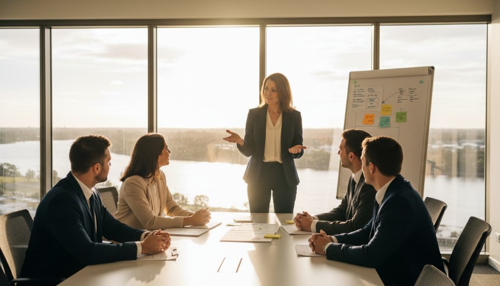 An impactful corporate photography Moama Victoria moment: a diverse team of professionals in sleek business attire smiling confidently during a collaborative meeting in a modern, sunlit Moama conference room overlooking the Murray River, captured with dramatic, professional lighting.