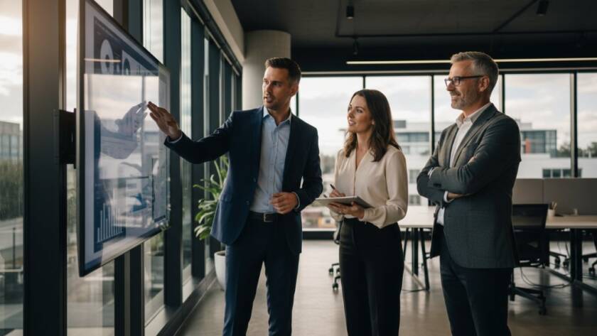 An impactful corporate photography Pakenham businesses team collaboration, with three diverse professionals in a modern office, one speaking enthusiastically, others listening intently, captured in a dramatic, cinematic wide shot with professional lighting and vibrant colour grading, reflecting a moment of innovation and teamwork.
