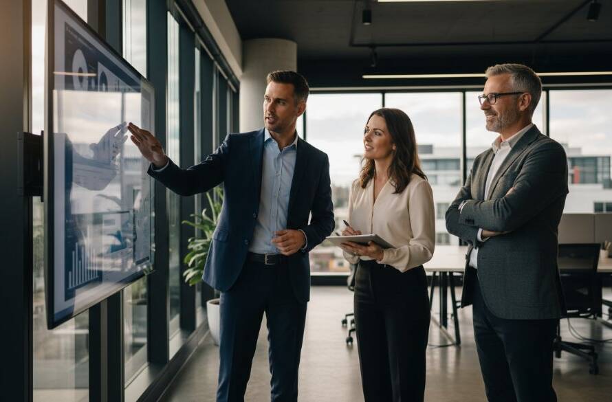 An impactful corporate photography Pakenham businesses team collaboration, with three diverse professionals in a modern office, one speaking enthusiastically, others listening intently, captured in a dramatic, cinematic wide shot with professional lighting and vibrant colour grading, reflecting a moment of innovation and teamwork.
