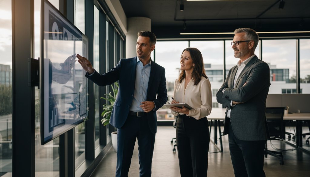 An impactful corporate photography Pakenham businesses team collaboration, with three diverse professionals in a modern office, one speaking enthusiastically, others listening intently, captured in a dramatic, cinematic wide shot with professional lighting and vibrant colour grading, reflecting a moment of innovation and teamwork.