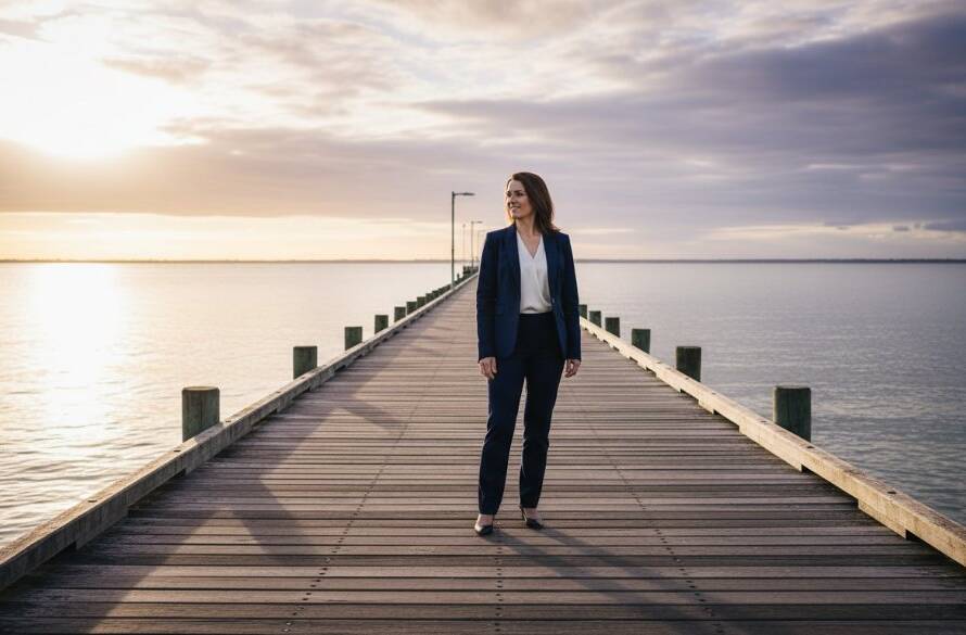A stunning wide-angle shot of a confident female CEO in her late 40s, standing powerfully on the Parkdale foreshore at sunrise, overlooking Port Phillip Bay. Dramatic golden light bathes her as she gazes purposefully towards the horizon, symbolising the success and forward vision achievable through impactful corporate photography Parkdale business branding. Professional, cinematic style with deep blues and warm oranges.
