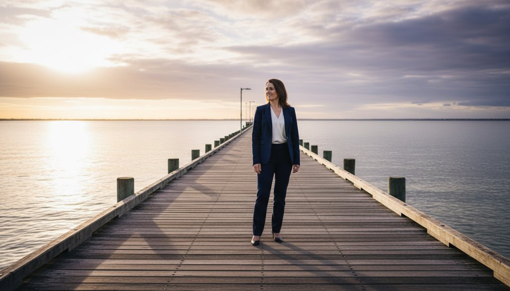 A stunning wide-angle shot of a confident female CEO in her late 40s, standing powerfully on the Parkdale foreshore at sunrise, overlooking Port Phillip Bay. Dramatic golden light bathes her as she gazes purposefully towards the horizon, symbolising the success and forward vision achievable through impactful corporate photography Parkdale business branding. Professional, cinematic style with deep blues and warm oranges.