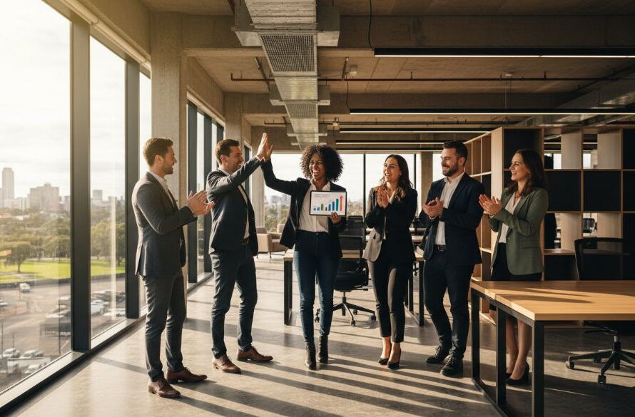 A dynamic, wide-angle shot of a diverse business team collaborating energetically in a modern office space in Sale, Victoria, bathed in dramatic natural light, capturing the essence of Impactful Corporate Photography Sale Victoria for Brand Storytelling, showcasing teamwork and innovation with a cinematic feel.