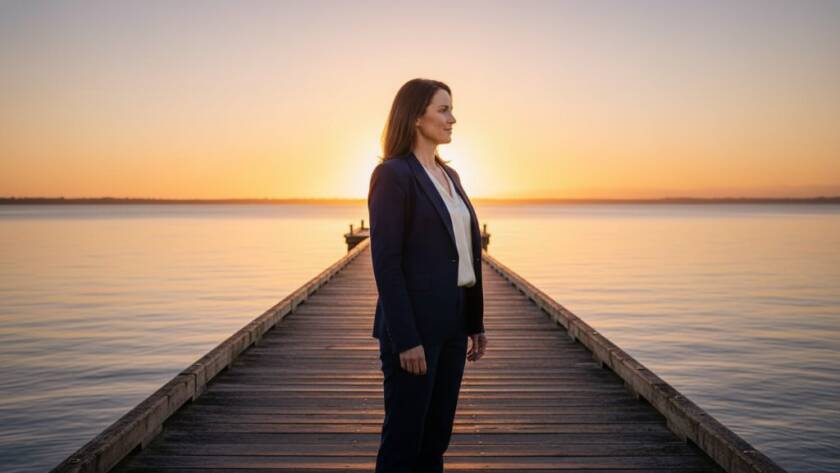 Impactful corporate photography Seaford Victoria: A modern business leader, professionally dressed, stands confidently on the Seaford Pier at sunset, a cinematic, wide-angle shot with the vibrant Port Phillip Bay in the background. Dramatic golden hour light illuminates their profile, casting long shadows and highlighting determination. The composition emphasizes their strong presence against the serene coastal landscape of Seaford, Victoria, conveying professionalism and vision.