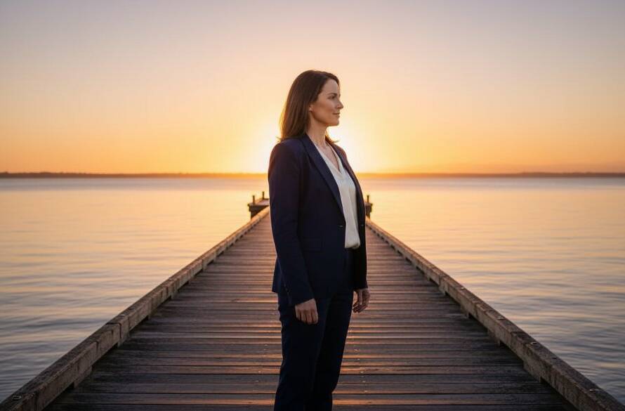 Impactful corporate photography Seaford Victoria: A modern business leader, professionally dressed, stands confidently on the Seaford Pier at sunset, a cinematic, wide-angle shot with the vibrant Port Phillip Bay in the background. Dramatic golden hour light illuminates their profile, casting long shadows and highlighting determination. The composition emphasizes their strong presence against the serene coastal landscape of Seaford, Victoria, conveying professionalism and vision.