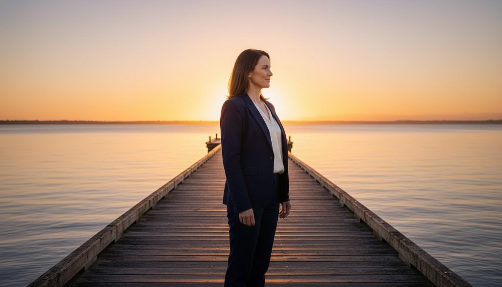 Impactful corporate photography Seaford Victoria: A modern business leader, professionally dressed, stands confidently on the Seaford Pier at sunset, a cinematic, wide-angle shot with the vibrant Port Phillip Bay in the background. Dramatic golden hour light illuminates their profile, casting long shadows and highlighting determination. The composition emphasizes their strong presence against the serene coastal landscape of Seaford, Victoria, conveying professionalism and vision.
