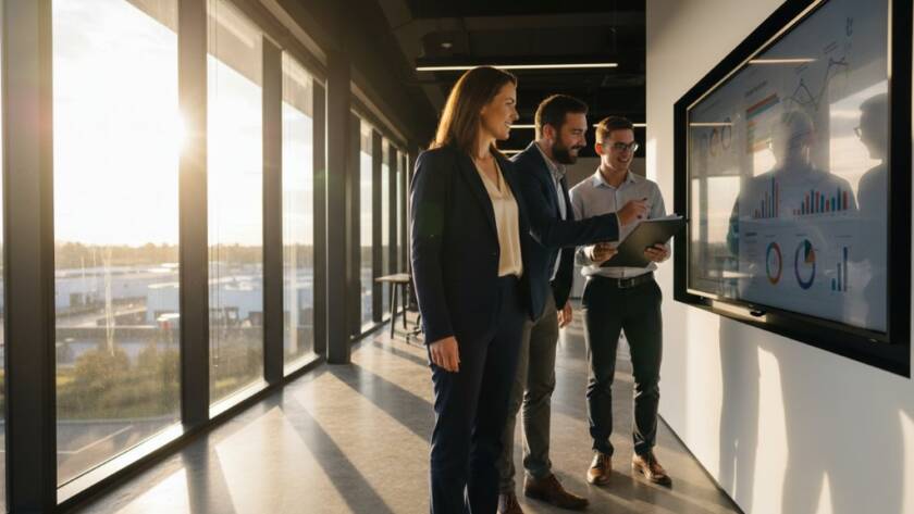 Impactful corporate photography solutions Braeside businesses capture a dynamic, confident female CEO in a modern Braeside office, bathed in dramatic golden hour light, shaking hands with a client, conveying trust and success in a cinematic, colour-graded professional photograph.