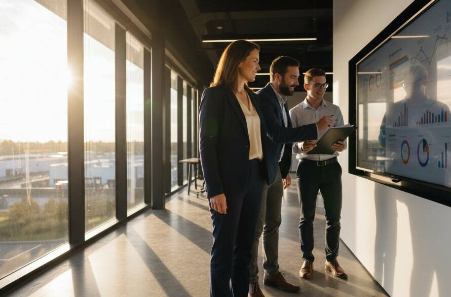 Impactful corporate photography solutions Braeside businesses capture a dynamic, confident female CEO in a modern Braeside office, bathed in dramatic golden hour light, shaking hands with a client, conveying trust and success in a cinematic, colour-graded professional photograph.