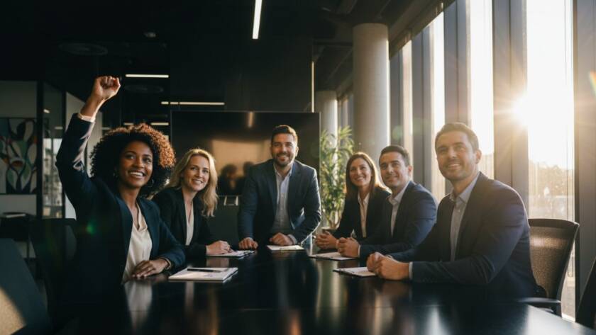 An 'epic moment' style photograph showcasing a dynamic and successful business team from Croydon North, Victoria, celebrating a milestone in a modern office, bathed in dramatic, cinematic lighting with lens flares, embodying the impact of professional corporate photography solutions Croydon North businesses achieve.