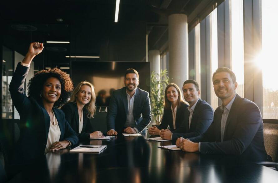 An 'epic moment' style photograph showcasing a dynamic and successful business team from Croydon North, Victoria, celebrating a milestone in a modern office, bathed in dramatic, cinematic lighting with lens flares, embodying the impact of professional corporate photography solutions Croydon North businesses achieve.