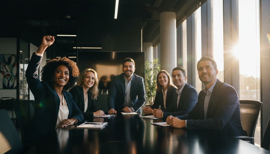 An 'epic moment' style photograph showcasing a dynamic and successful business team from Croydon North, Victoria, celebrating a milestone in a modern office, bathed in dramatic, cinematic lighting with lens flares, embodying the impact of professional corporate photography solutions Croydon North businesses achieve.