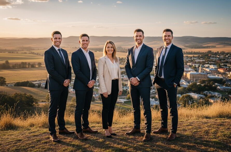 An inspiring, wide-angle, 'epic moment' photograph showcasing impactful corporate photography for Stawell businesses: A diverse team of four professionals (two men, two women) in modern business attire are captured in a dynamic, collaborative pose in front of Stawell's historic Town Hall, bathed in the warm glow of a golden hour sunset. Dramatic lighting emphasizes their confident expressions and connection, with the iconic architecture of Stawell subtly blurred in the background, conveying professionalism and local pride.