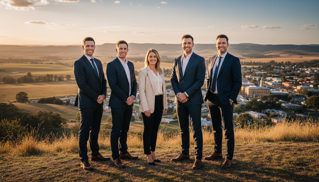 An inspiring, wide-angle, 'epic moment' photograph showcasing impactful corporate photography for Stawell businesses: A diverse team of four professionals (two men, two women) in modern business attire are captured in a dynamic, collaborative pose in front of Stawell's historic Town Hall, bathed in the warm glow of a golden hour sunset. Dramatic lighting emphasizes their confident expressions and connection, with the iconic architecture of Stawell subtly blurred in the background, conveying professionalism and local pride.