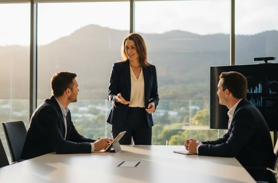 An impactful corporate photography The Basin businesses image showing a successful female executive shaking hands with a client in a modern, light-filled office space in The Basin, Victoria, with a subtle hint of the Dandenong Ranges landscape visible through a window, captured with dramatic lighting and professional colour grading.