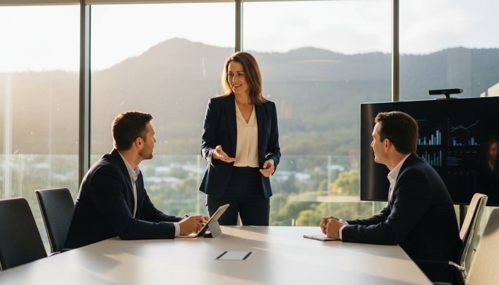 An impactful corporate photography The Basin businesses image showing a successful female executive shaking hands with a client in a modern, light-filled office space in The Basin, Victoria, with a subtle hint of the Dandenong Ranges landscape visible through a window, captured with dramatic lighting and professional colour grading.