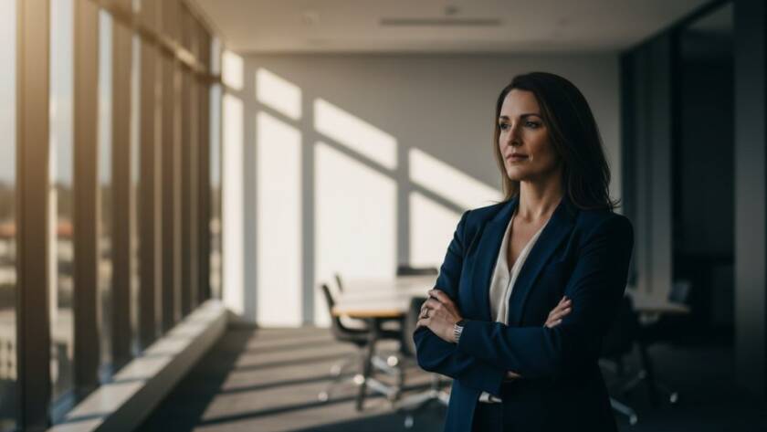 Dynamic portrait showcasing impactful corporate photography for a Vermont South business leader, captured with dramatic lighting and a modern, professional aesthetic against a blurred urban backdrop.
