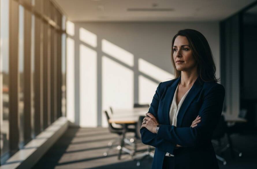 Dynamic portrait showcasing impactful corporate photography for a Vermont South business leader, captured with dramatic lighting and a modern, professional aesthetic against a blurred urban backdrop.