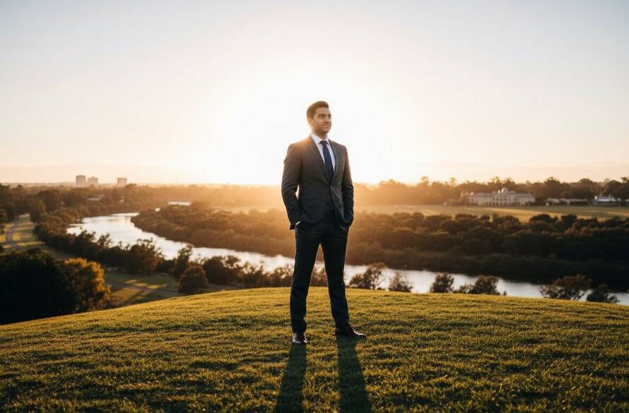 Dynamic, cinematic wide-angle photograph capturing a successful business leader in Werribee South, looking confidently towards the horizon at sunset, with the Werribee River in the background. The scene embodies impactful corporate photography Werribee South, featuring dramatic backlighting and a powerful, inspiring mood.