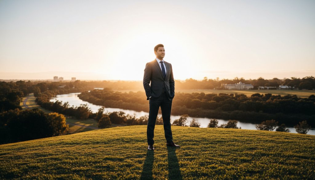 Dynamic, cinematic wide-angle photograph capturing a successful business leader in Werribee South, looking confidently towards the horizon at sunset, with the Werribee River in the background. The scene embodies impactful corporate photography Werribee South, featuring dramatic backlighting and a powerful, inspiring mood.