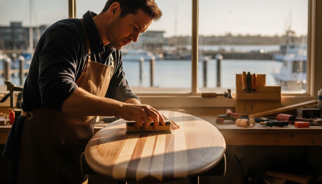 An epic, dramatically lit shot showcasing a local Geelong artisan passionately crafting a bespoke item, representing impactful Geelong advertising photography for brand storytelling.
