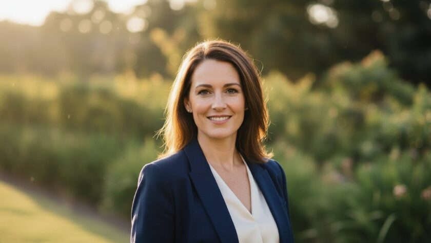 An Impactful Gisborne professional headshots for career success portrait of a confident business professional, taken outdoors against a blurred backdrop of Gisborne's natural beauty, showcasing dramatic natural light and a warm, inviting colour palette, capturing an 'epic moment' of professional elegance.