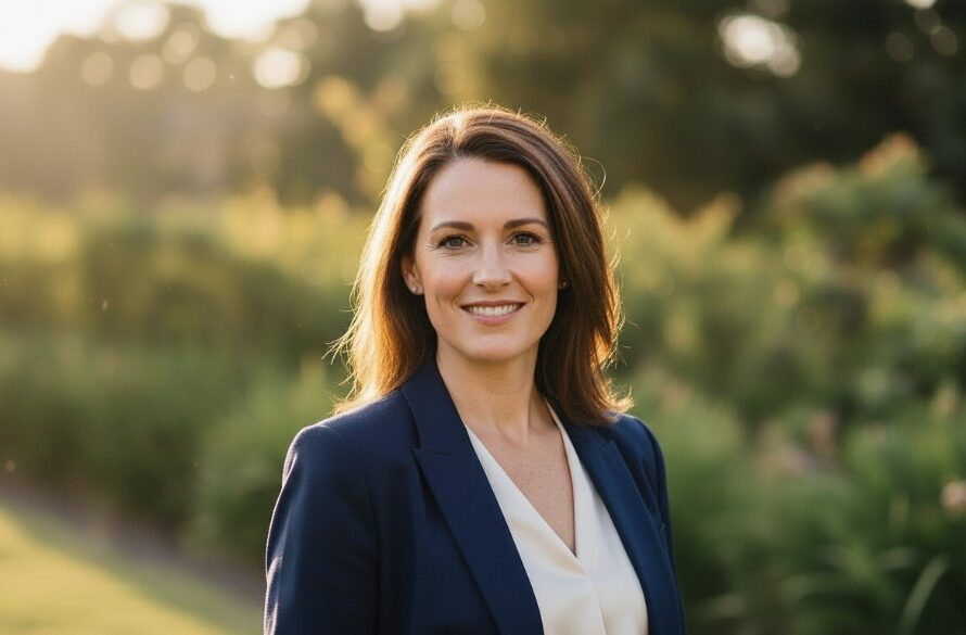 An Impactful Gisborne professional headshots for career success portrait of a confident business professional, taken outdoors against a blurred backdrop of Gisborne's natural beauty, showcasing dramatic natural light and a warm, inviting colour palette, capturing an 'epic moment' of professional elegance.