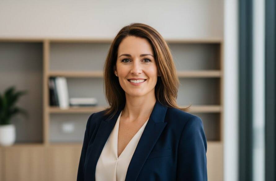 A professionally lit portrait of a confident male executive from Narre Warren South, exuding approachability and power, perfectly showcasing the impact of Narre Warren South Professional Headshots against a blurred, modern office background in an epic moment of connection.