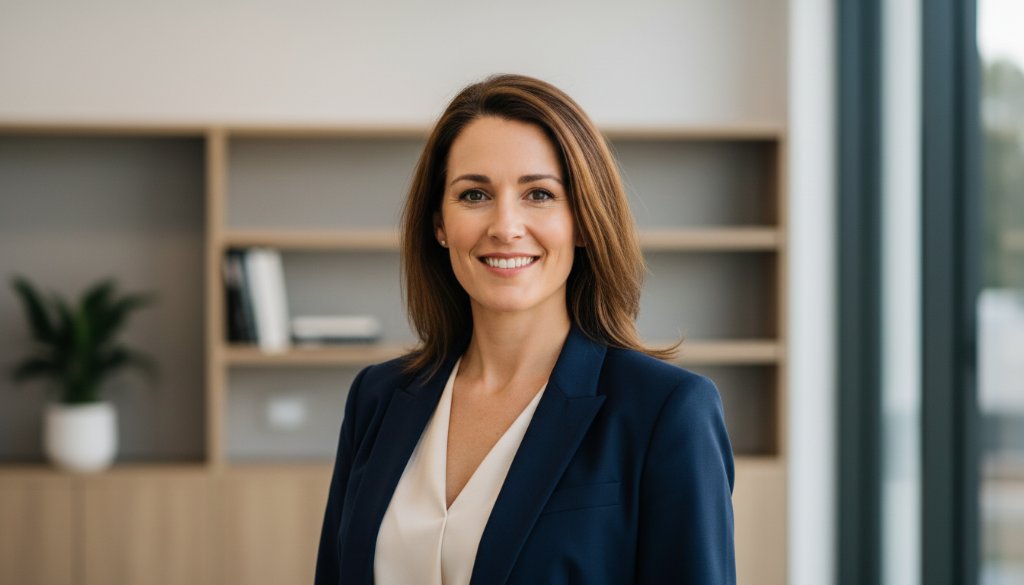 A professionally lit portrait of a confident male executive from Narre Warren South, exuding approachability and power, perfectly showcasing the impact of Narre Warren South Professional Headshots against a blurred, modern office background in an epic moment of connection.